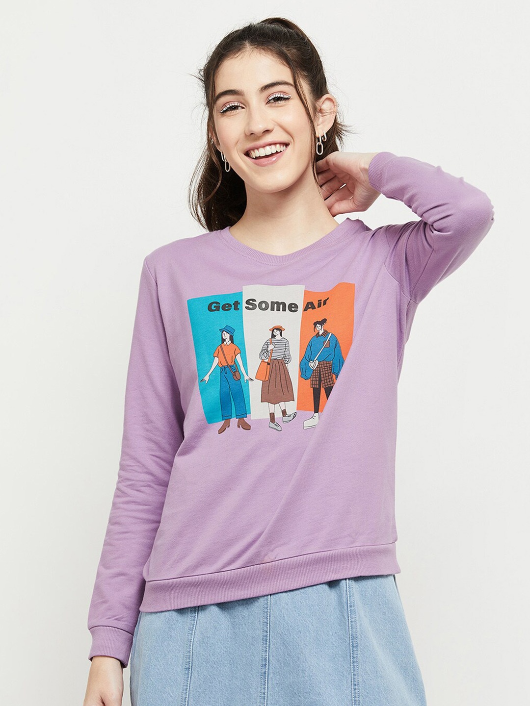

max Women Purple Printed Pure Cotton Sweatshirt