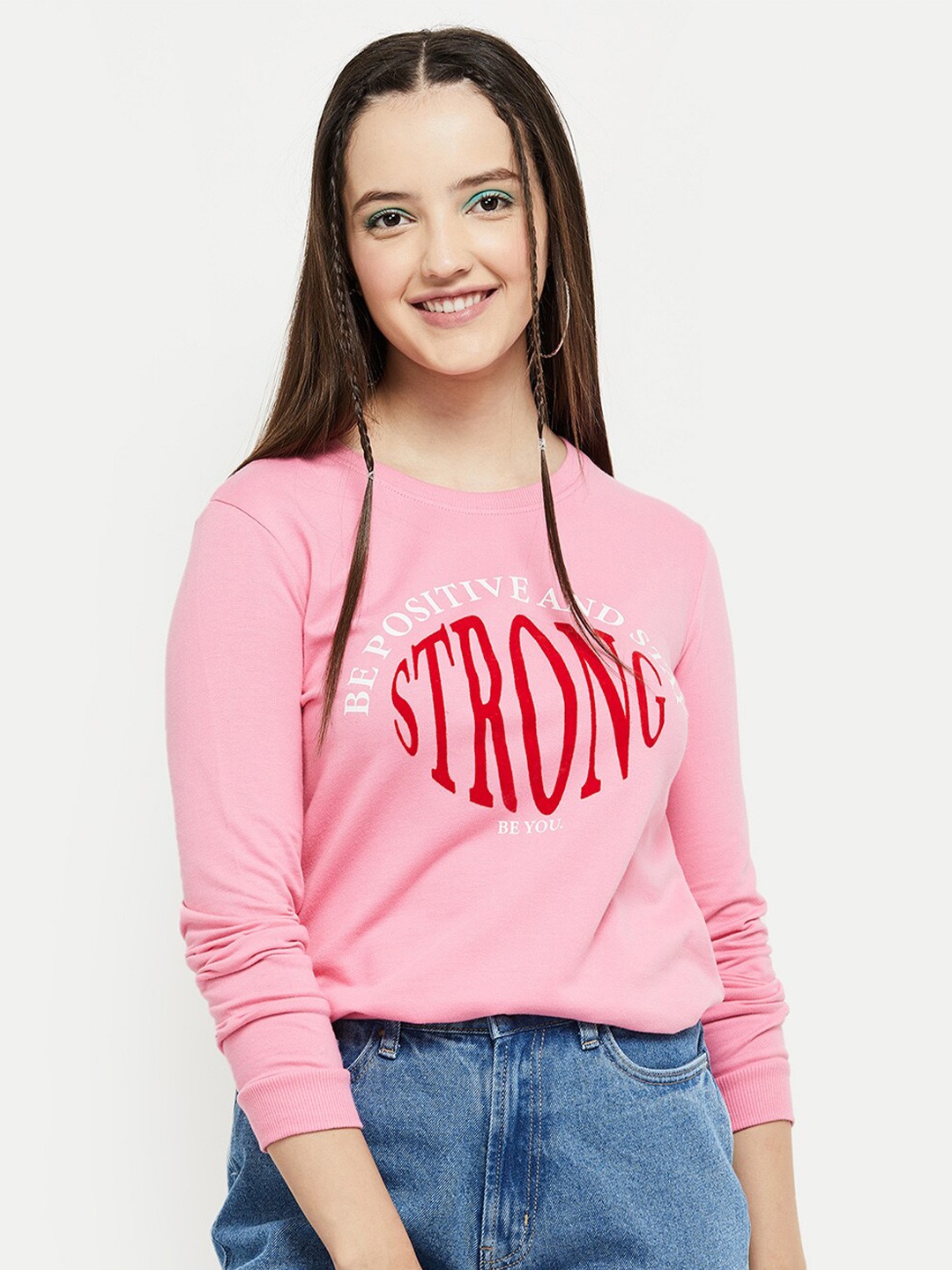 

max Women Pink Typography Printed Cotton Sweatshirt