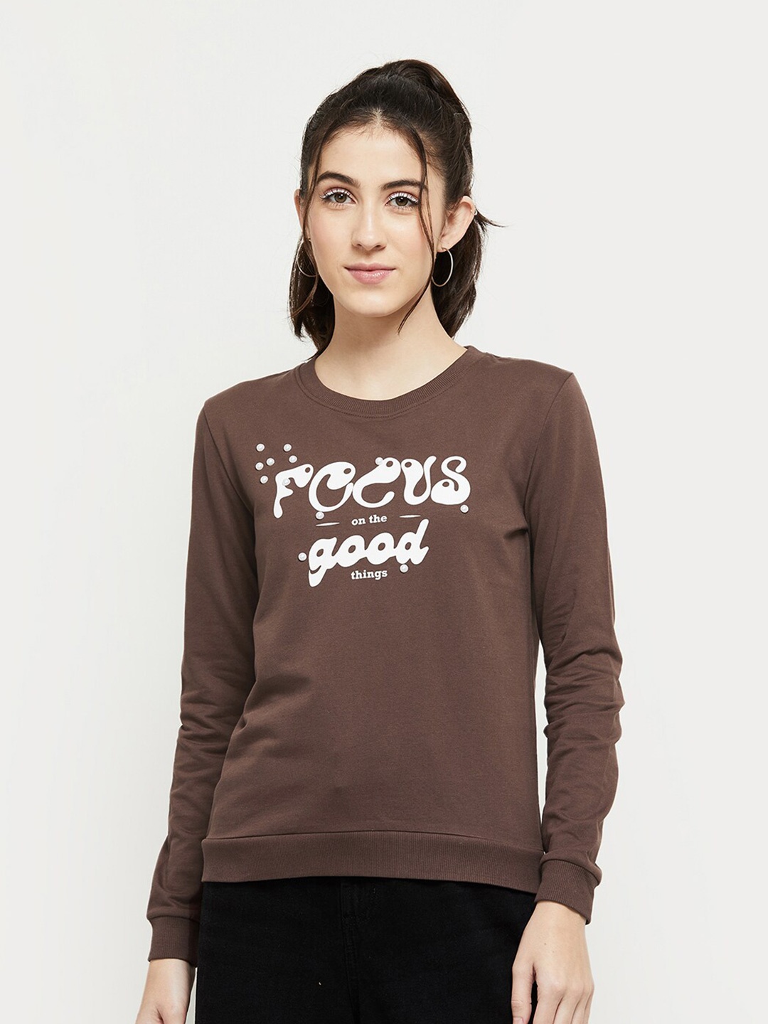 

max Women Brown Printed Cotton Sweatshirt