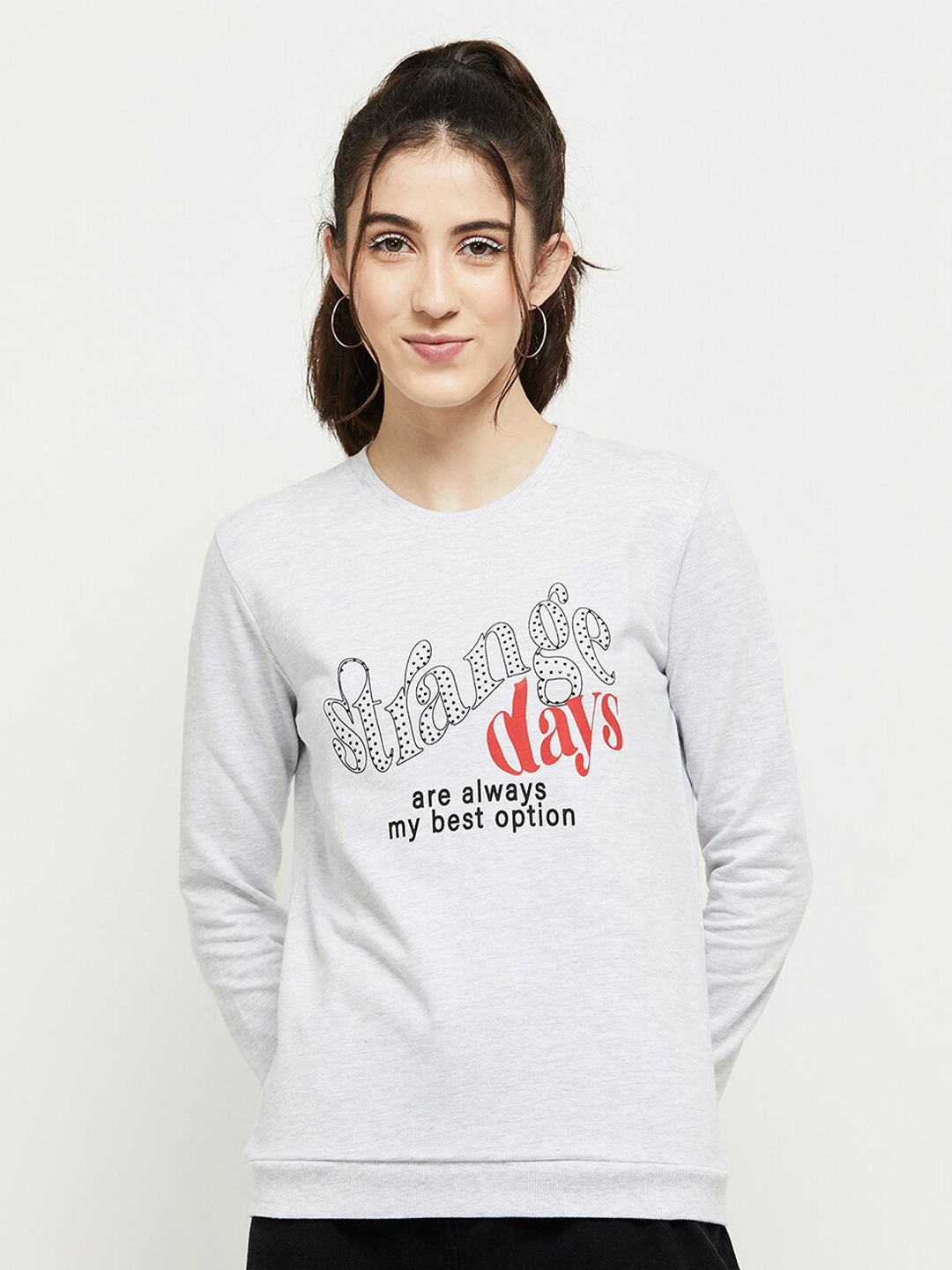

max Women Grey Printed Pure Cotton Sweatshirt