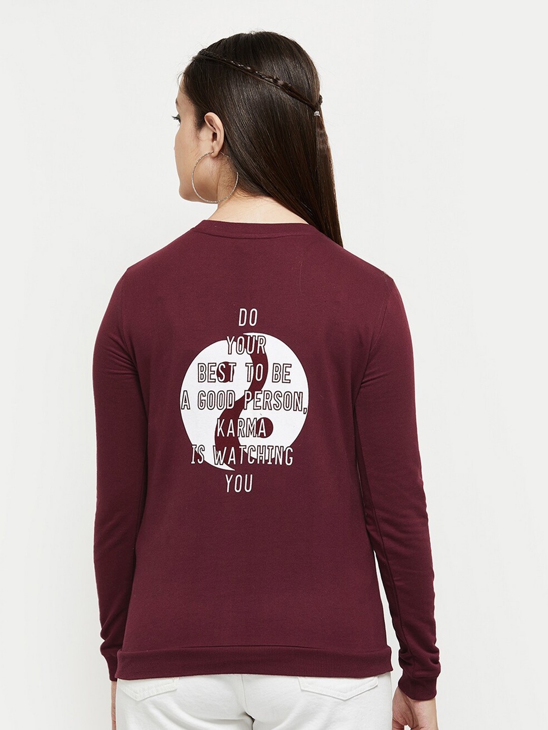 

max Women Burgundy Printed Cotton Sweatshirt