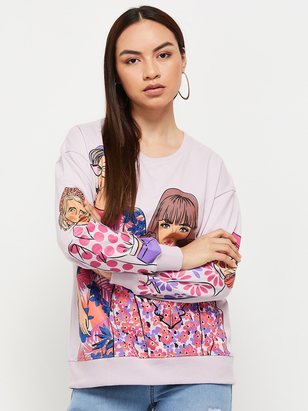 

max Women Lavender Printed Polyester Long Sleeves Sweatshirt
