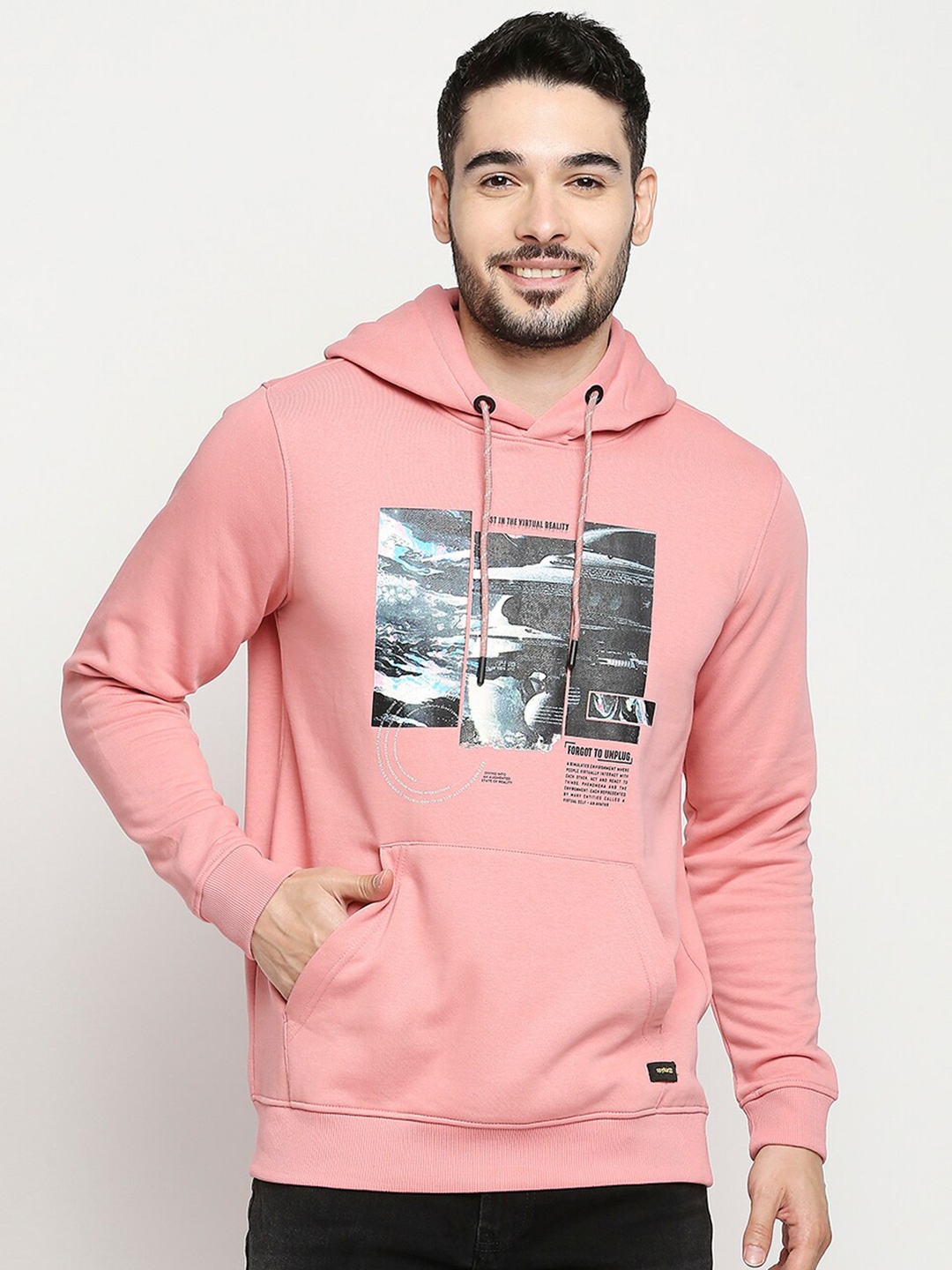 

SPYKAR Men Pink Printed Full Sleeve Hooded Sweatshirt