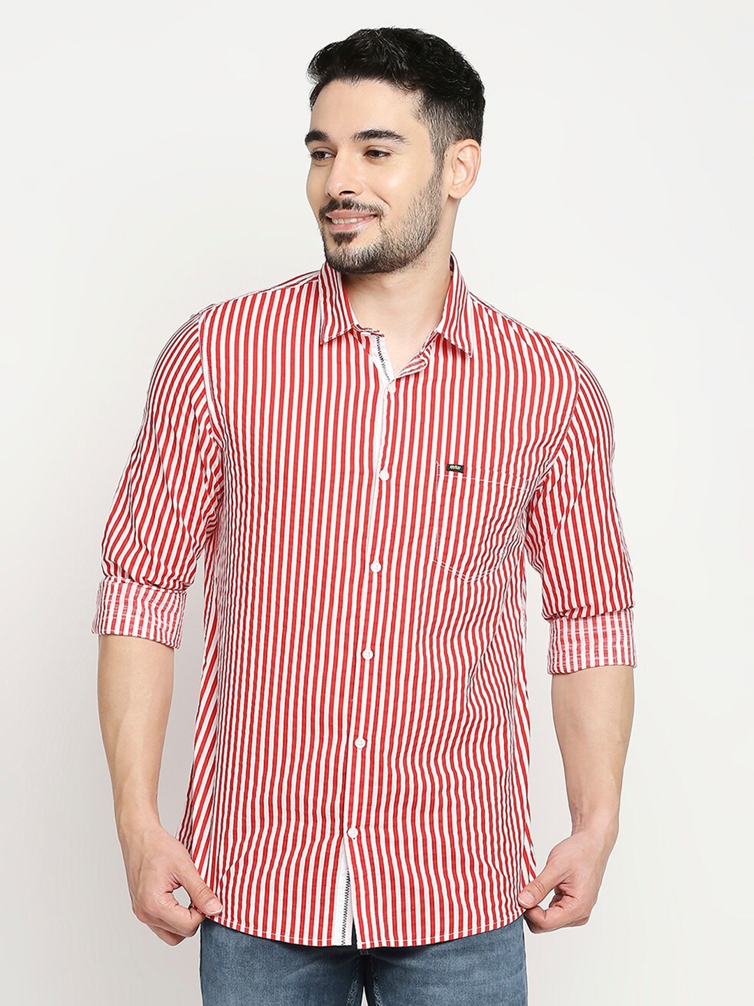 SPYKAR Men Pink Slim Fit Striped Cotton Casual Shirt