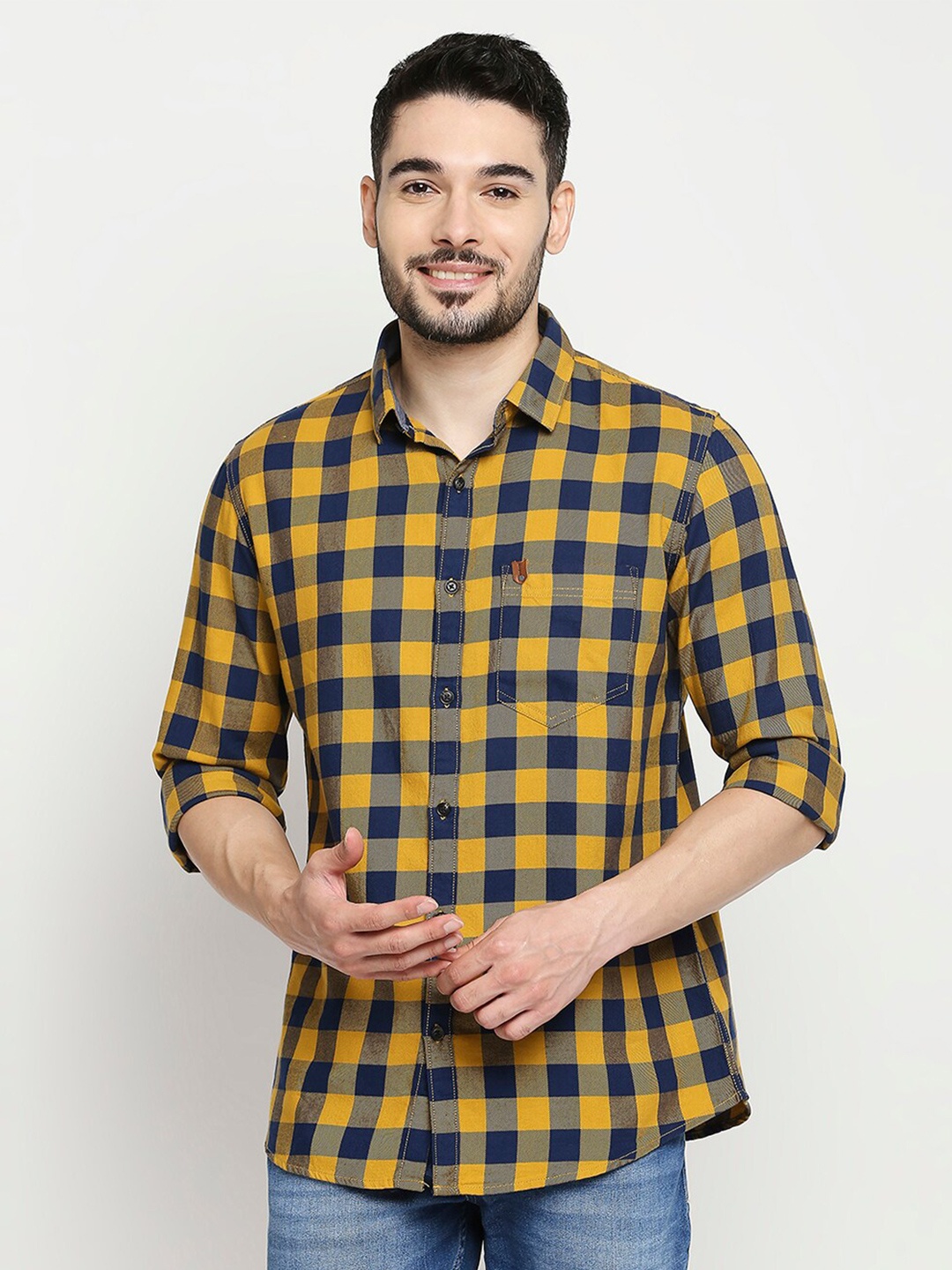 

SPYKAR Men Green & Blue Slim Fit Buffalo Checked Cotton Casual Shirt