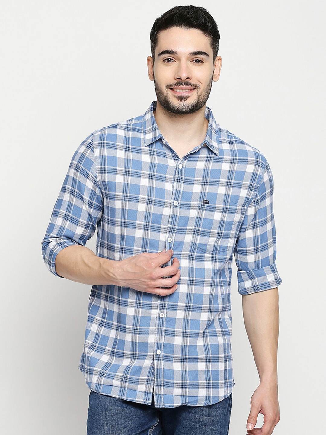 

SPYKAR Men Grey Slim Fit Tartan Checks Casual Cotton Shirt