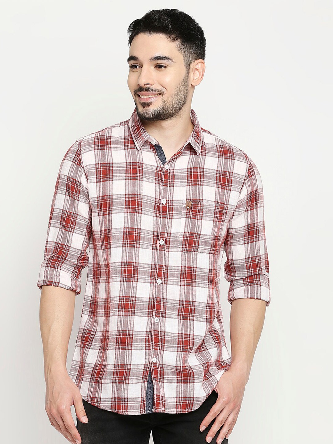 

SPYKAR Men Red & White Slim Fit Tartan Checks Checked Cotton Casual Shirt