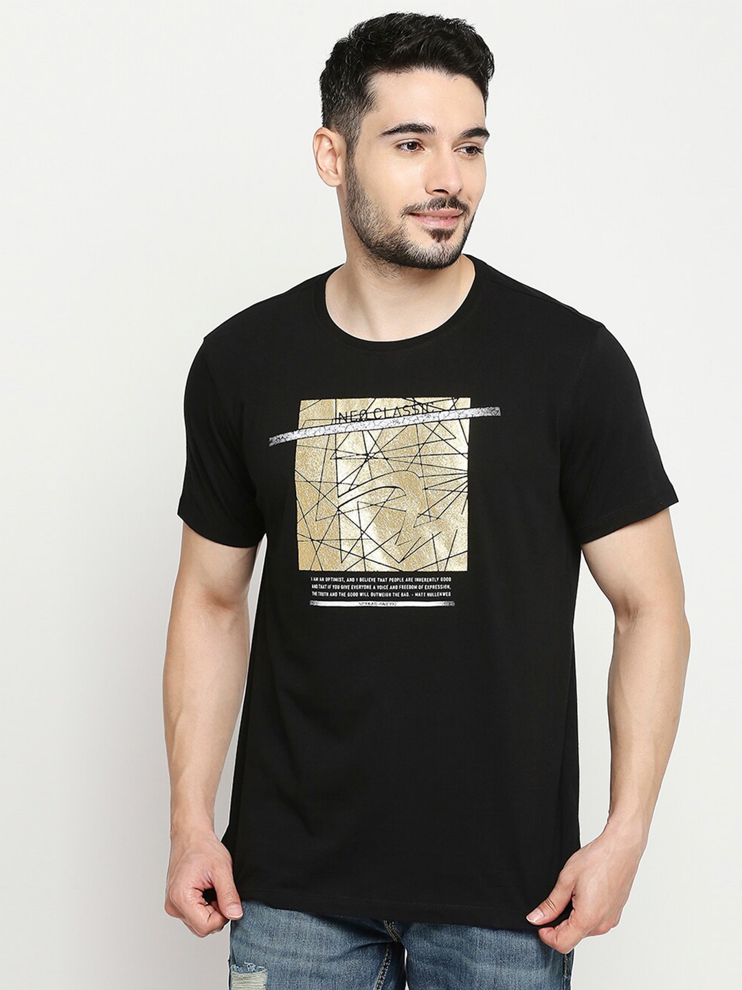 

SPYKAR Men Black Printed Slim Fit Cotton T-shirt