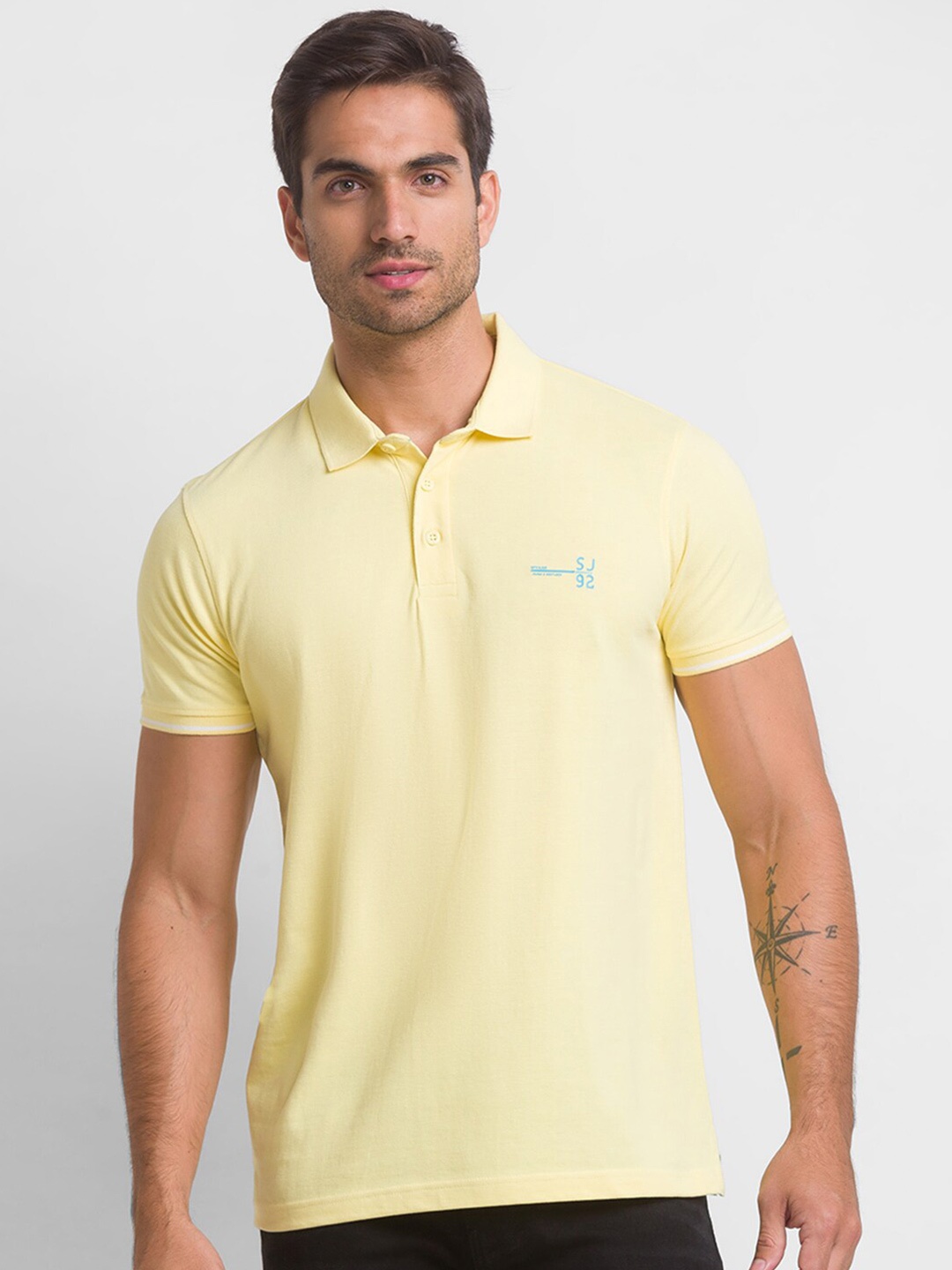 

SPYKAR Men Yellow Solid Cotton Polo Collar Slim Fit T-shirt