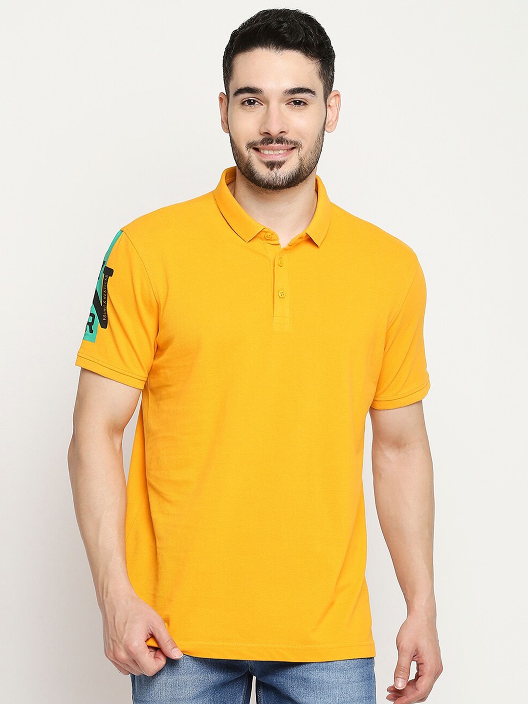 

SPYKAR Men Yellow Typography Polo Collar Slim Fit Cotton T-shirt