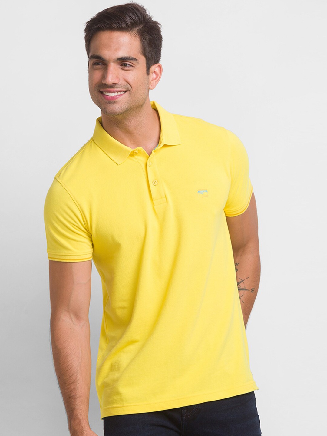

SPYKAR Men Yellow Polo Collar Slim Fit Cotton T-shirt