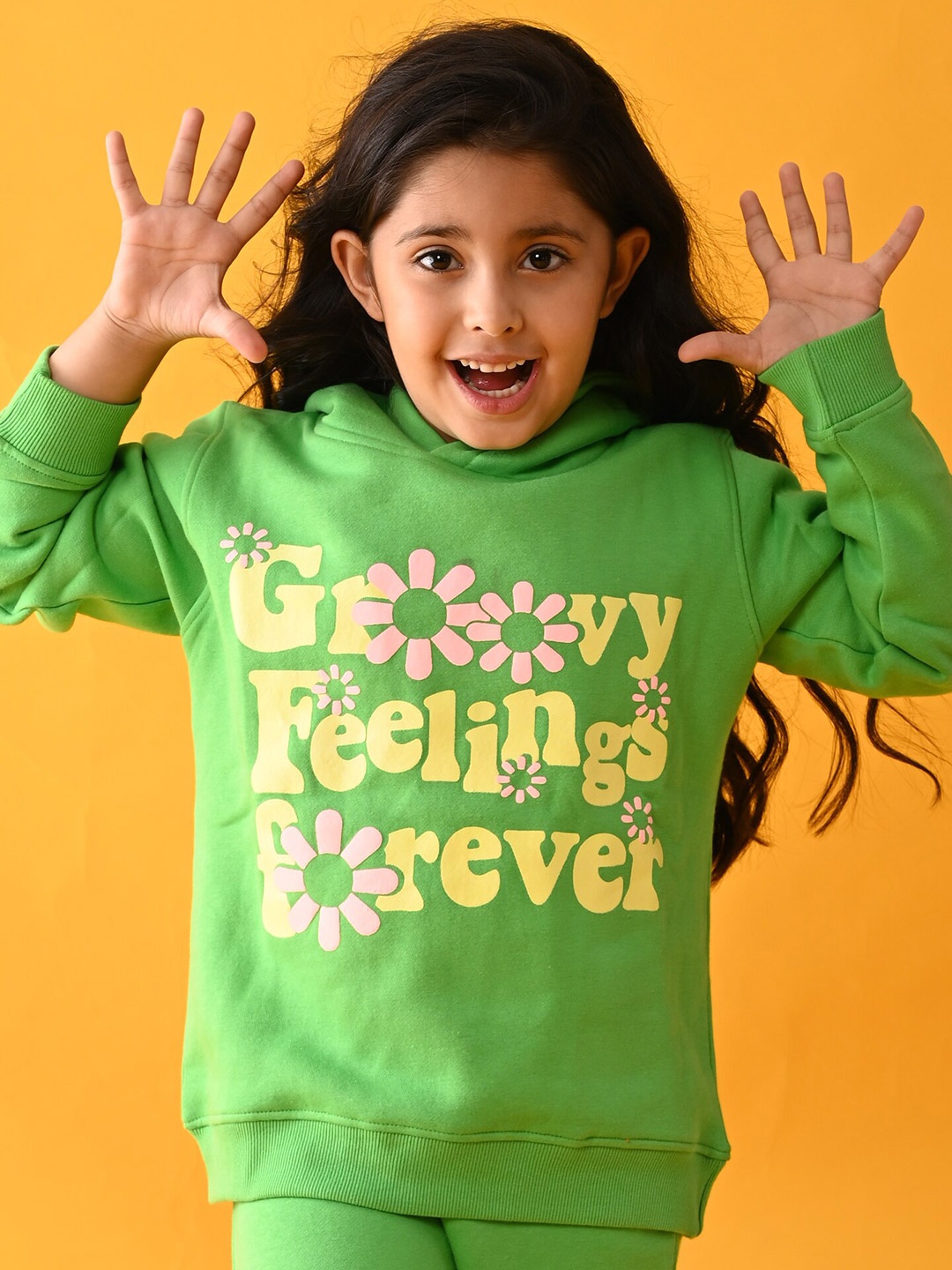 

Anthrilo Girls Green Typography Printed Hooded Fleece Sweatshirt