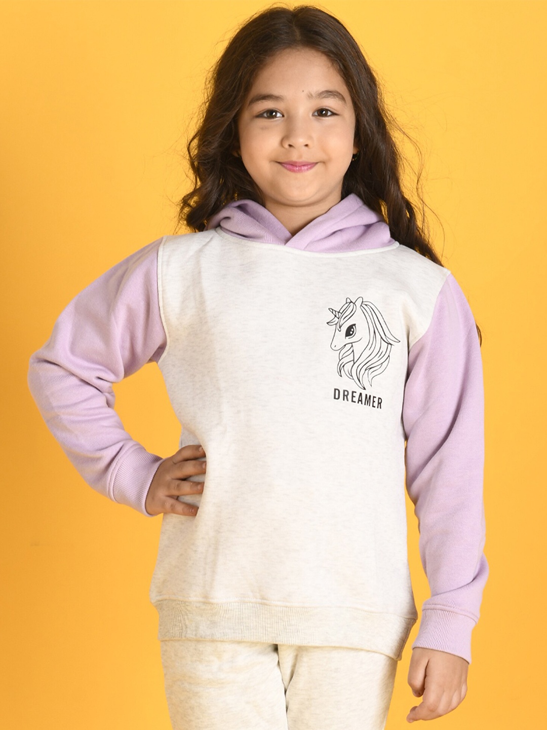 

Anthrilo Girls Off White & Purple Printed Hooded Sweatshirt