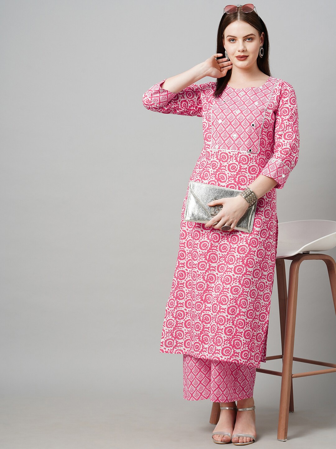 

KALINI Women Pink Printed Mirror Work Kurta with Palazzos