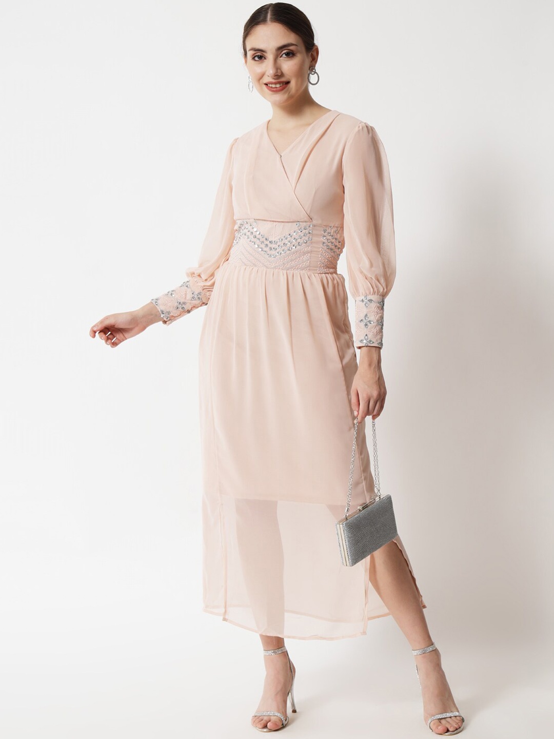 

HERE&NOW Women Peach-Coloured Chiffon Embellished Maxi Dress