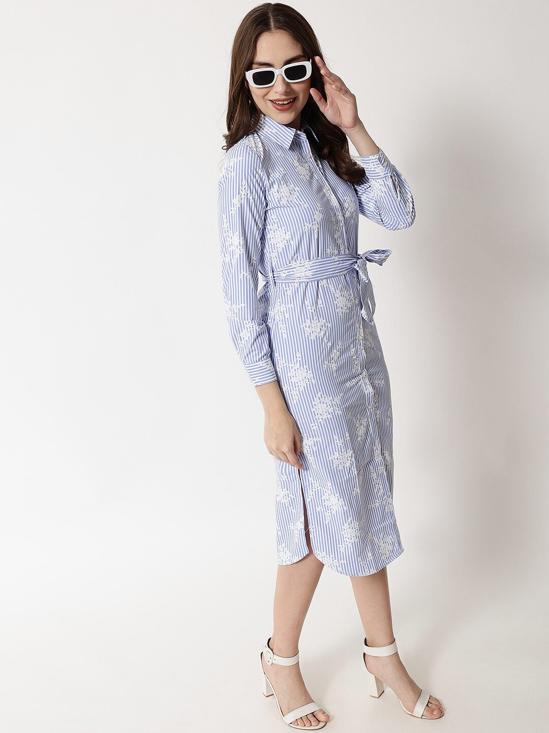 

HERE&NOW Women Blue & White Shirt Midi Dress