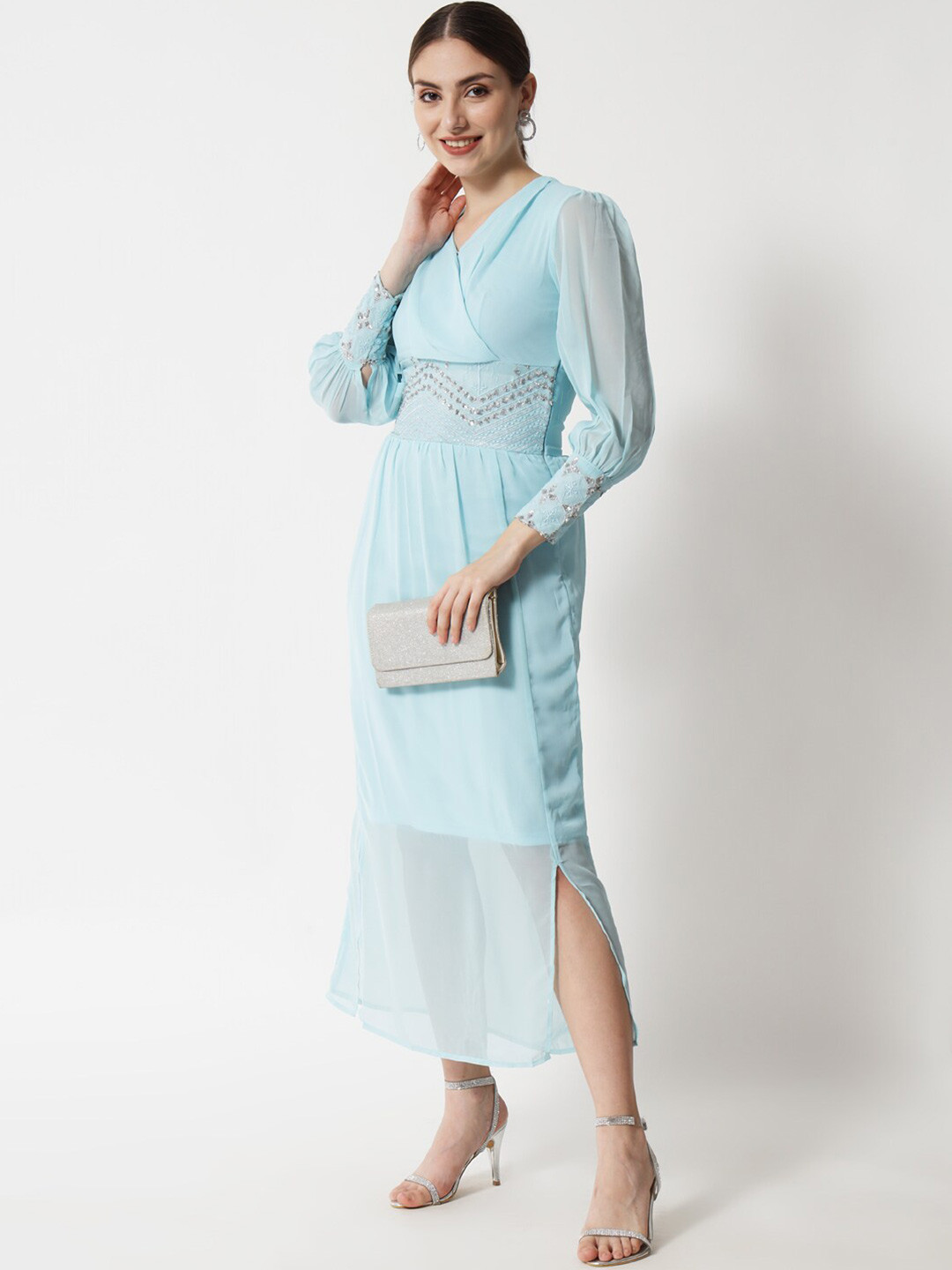 

HERE&NOW Women Turquoise Blue Chiffon Maxi Maxi Dress