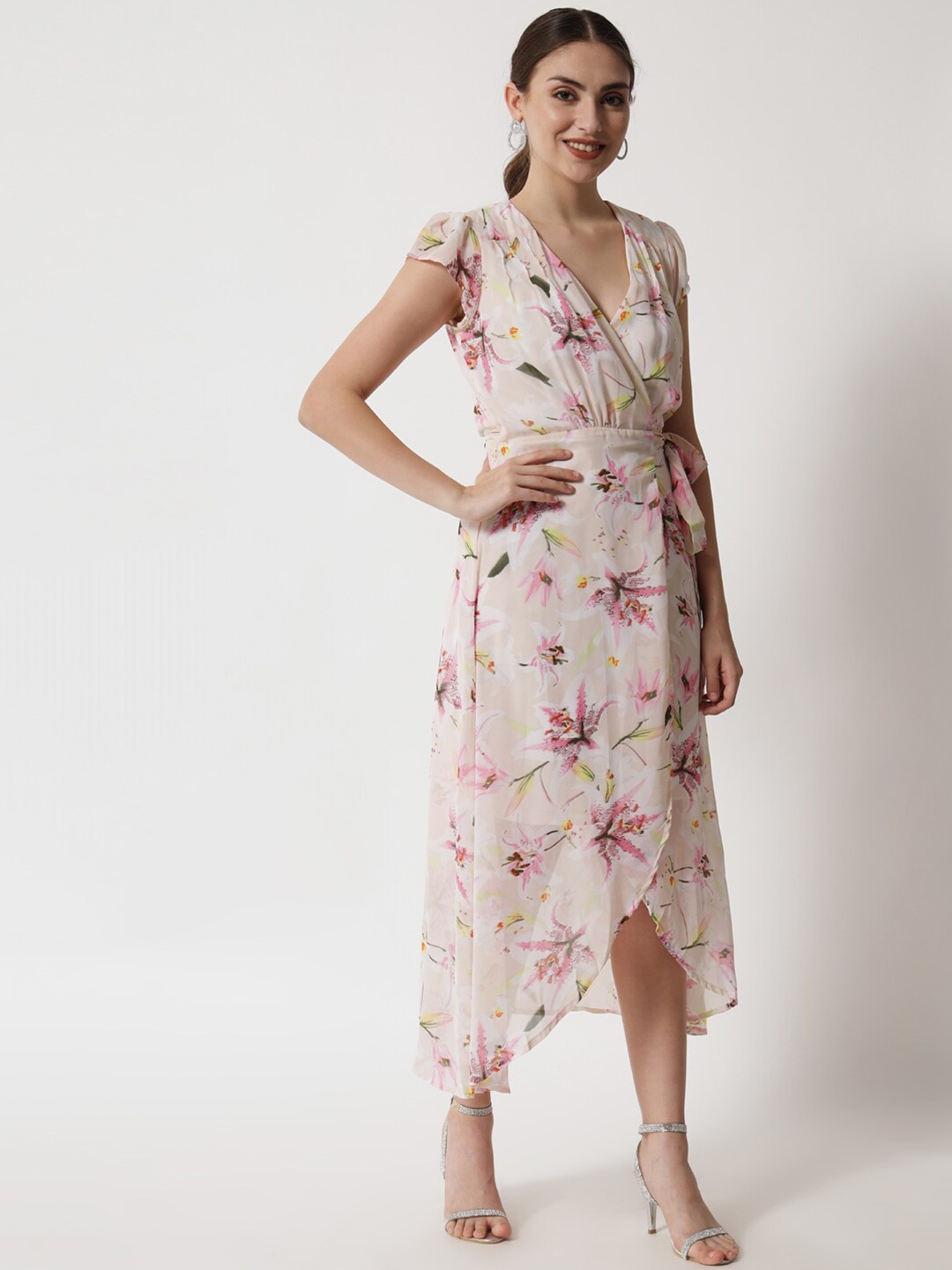 

HERE&NOW Women Beige & Pink Floral Chiffon Casual Wrap Dress