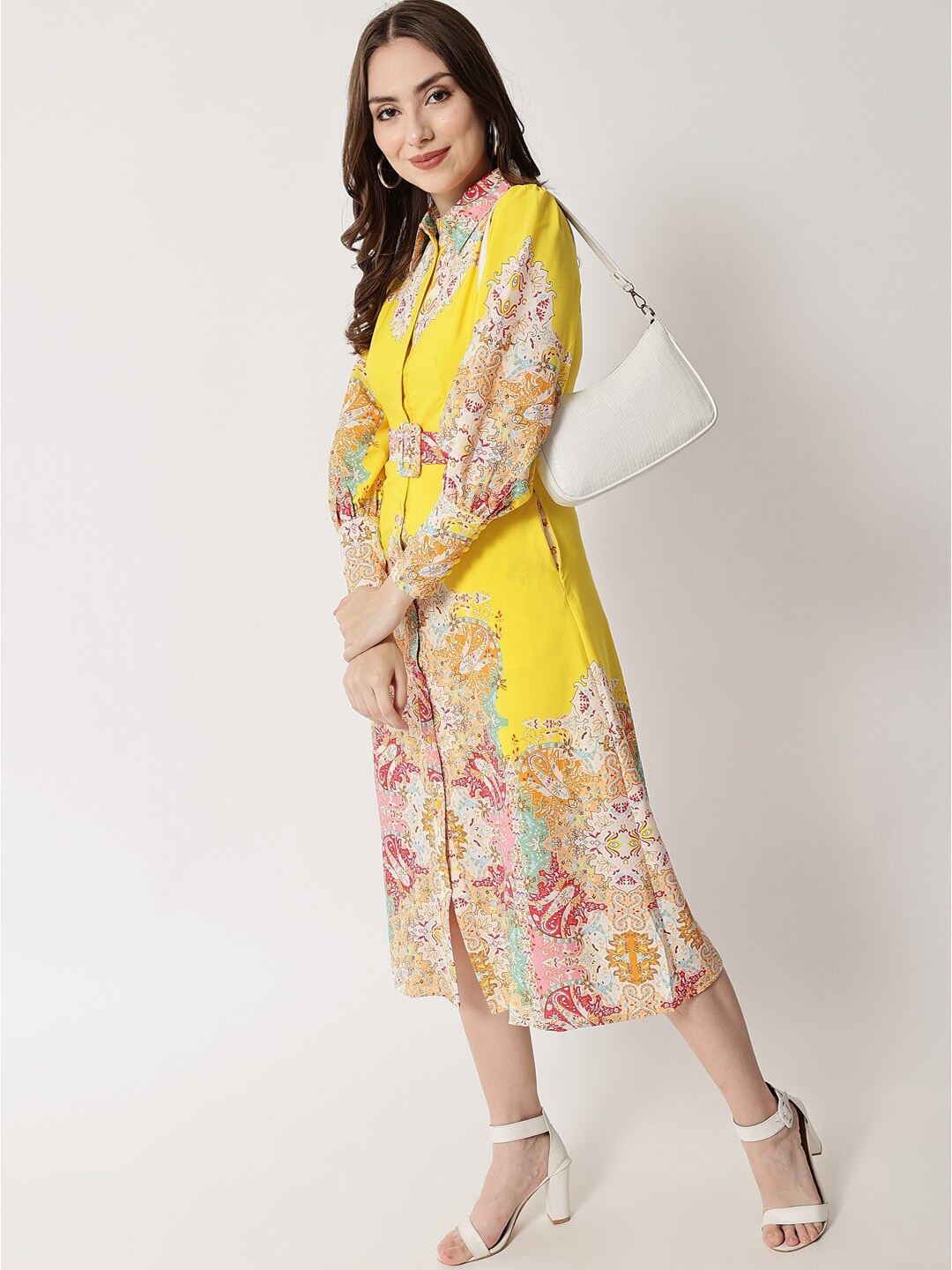 

HERE&NOW Ethnic Motifs Crepe Shirt Midi Dress, Yellow
