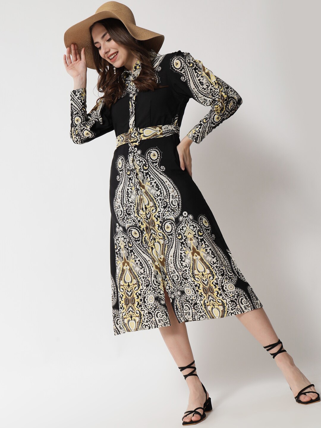

HERE&NOW Women Black & Yellow Ethnic Motifs Shirt Midi Dress