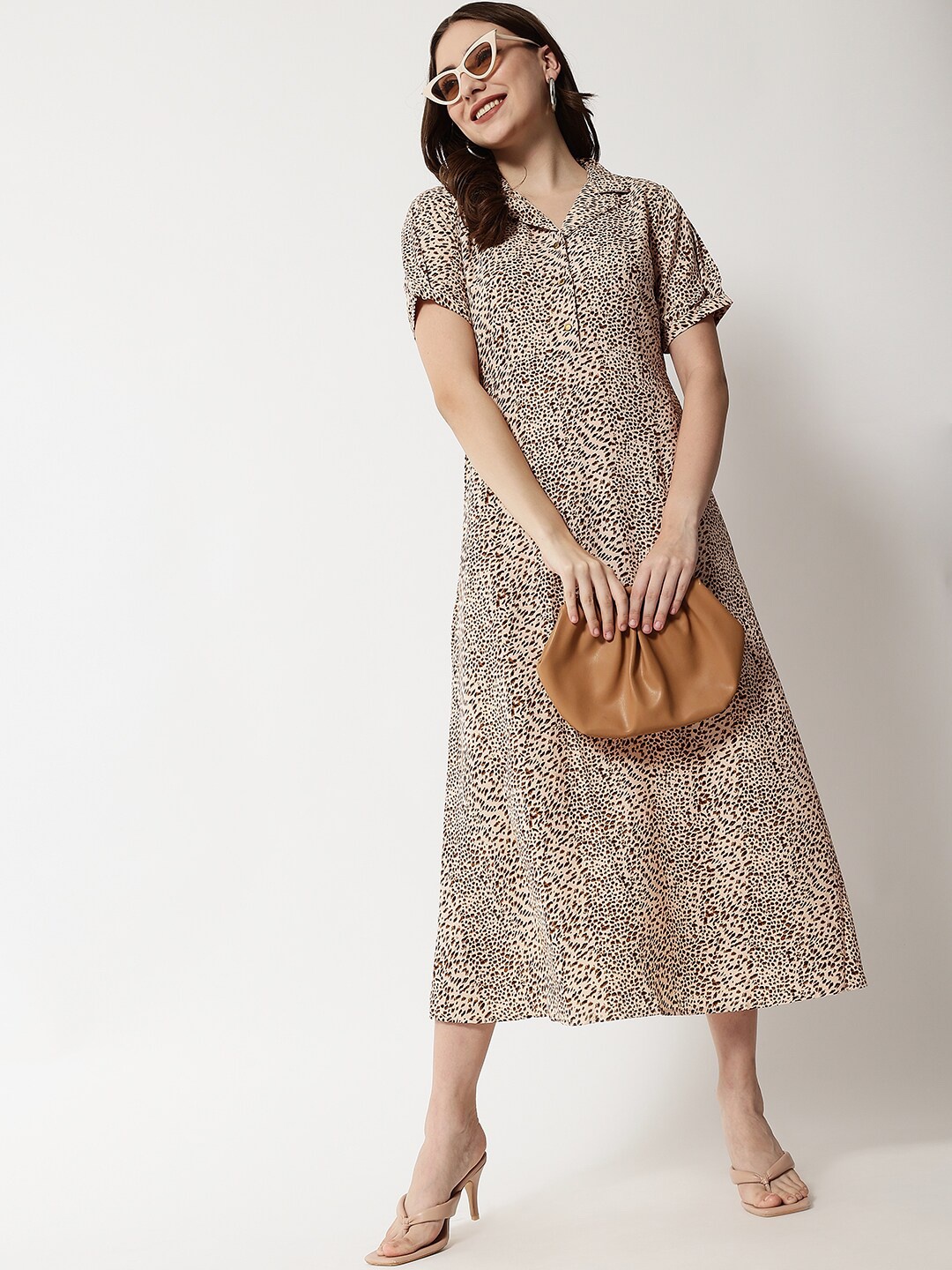

HERE&NOW Women Brown Animal A-Line Midi Dress
