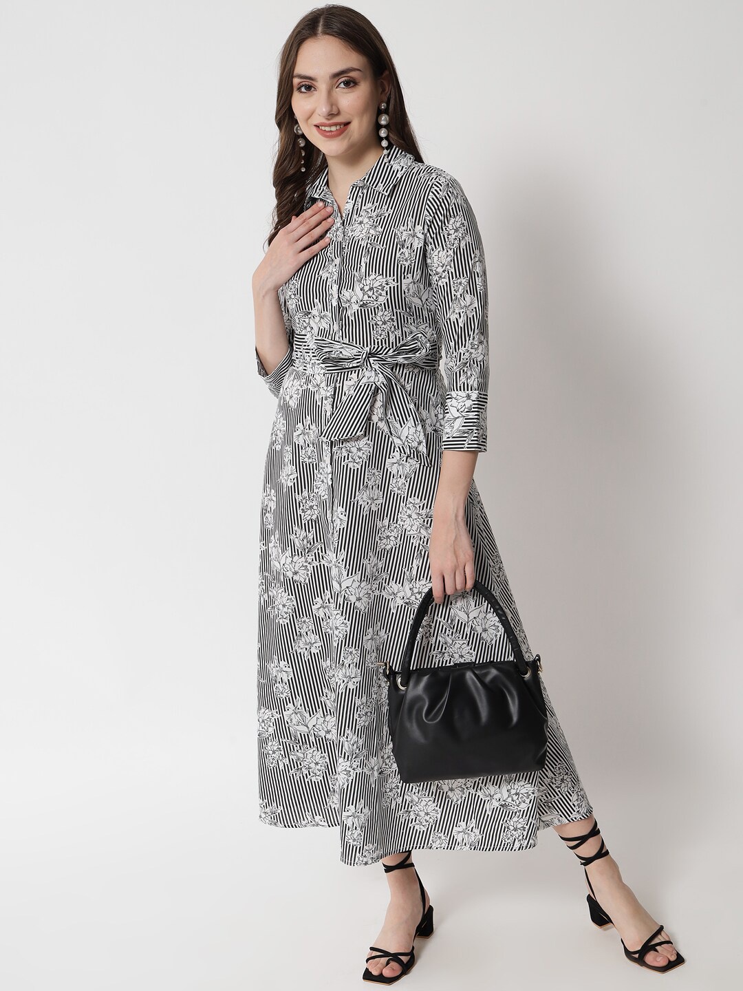

HERE&NOW Women Black & White Floral Printed Shirt Midi Dress