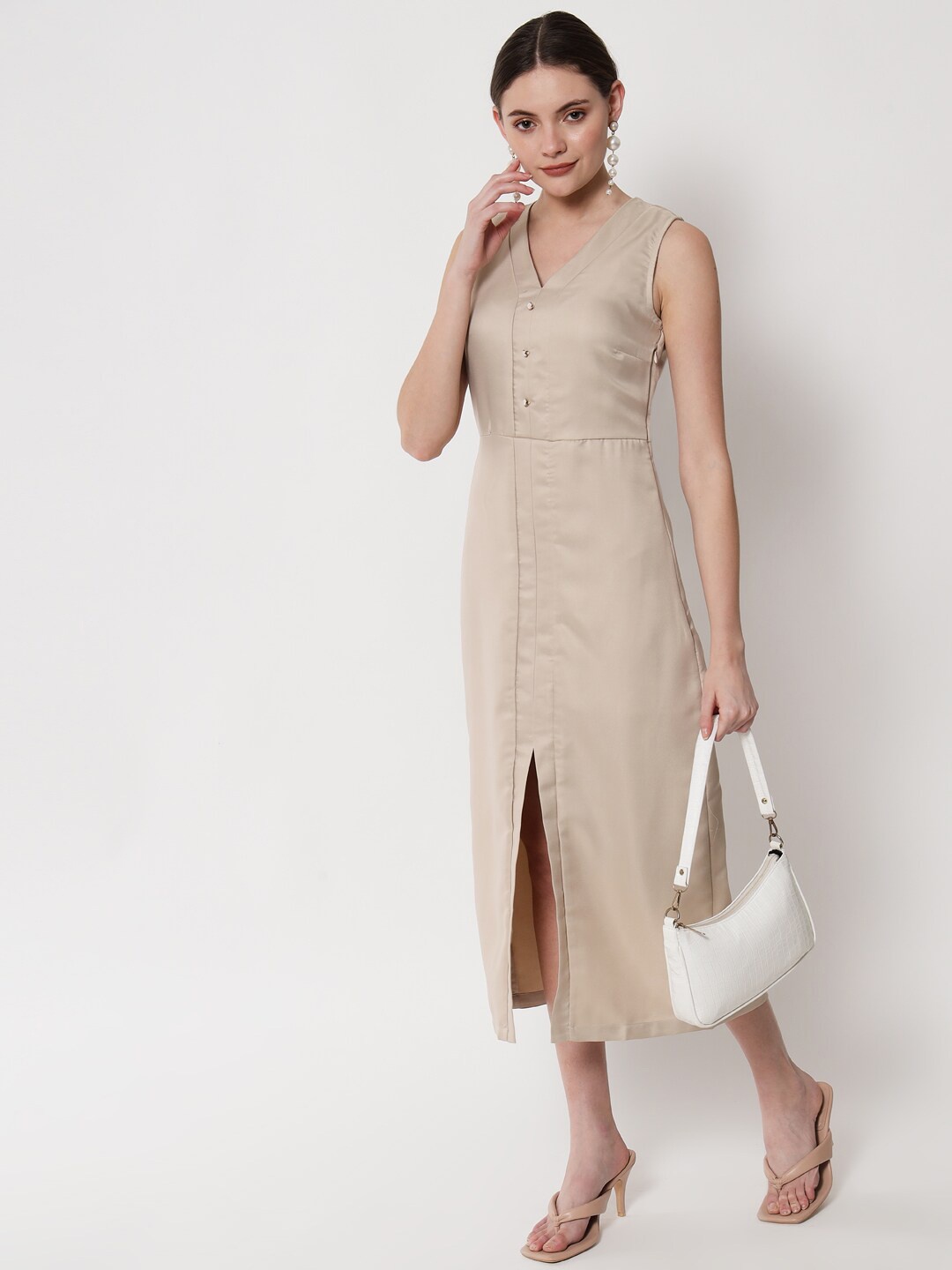 

HERE&NOW Beige Sheath Midi Dress