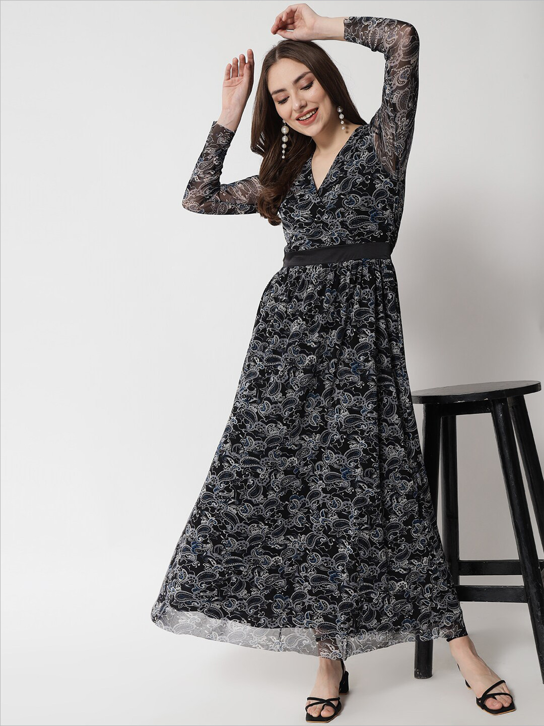 

HERE&NOW Women Black & White Floral Net Maxi Dress