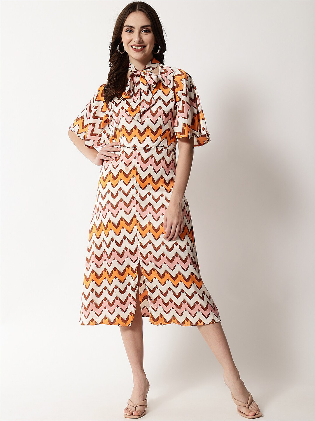 

HERE&NOW Beige & Brown Tie-Up Neck Satin A-Line Midi Dress