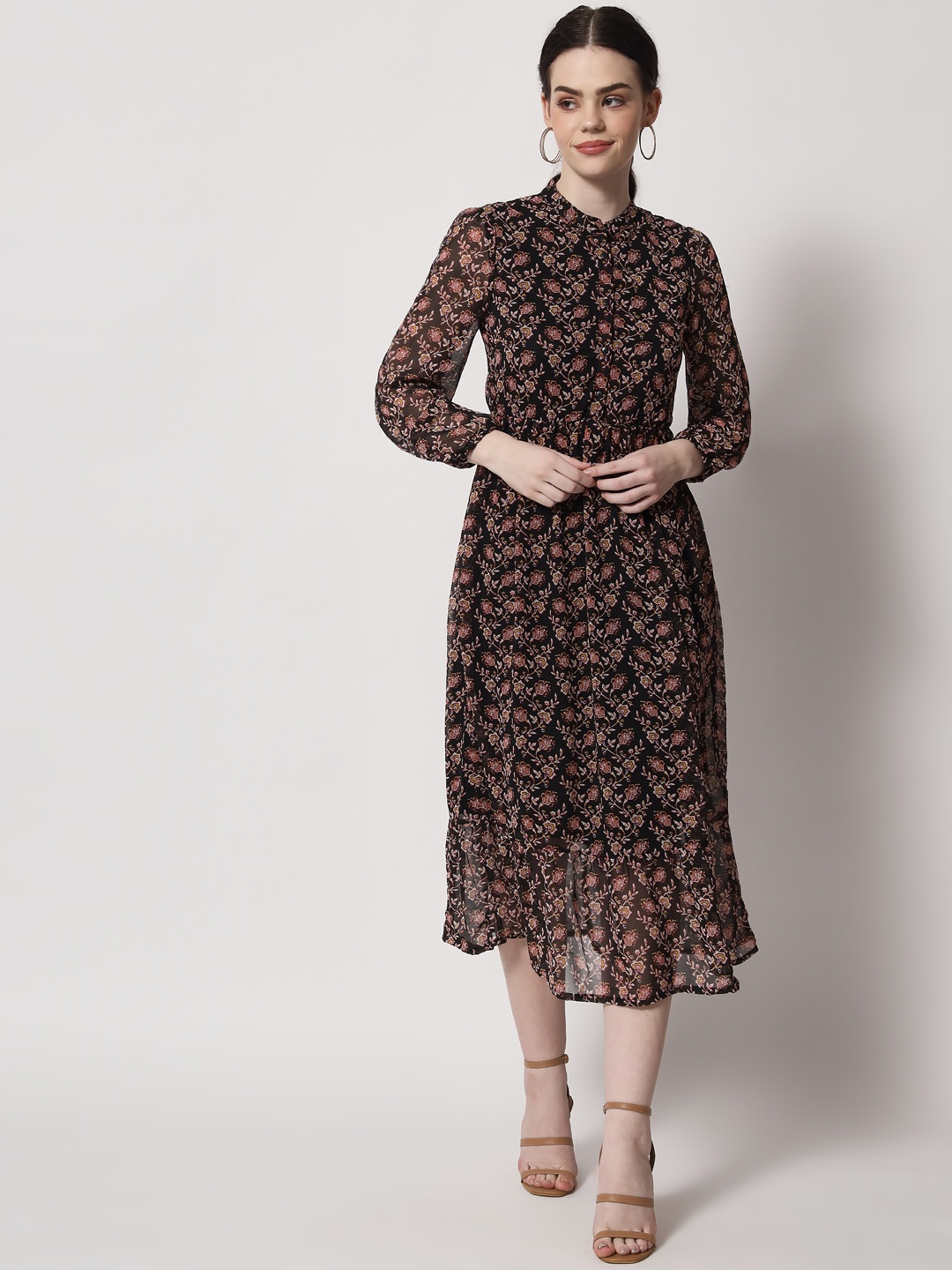 

HERE&NOW Brown Floral Chiffon Midi Dress