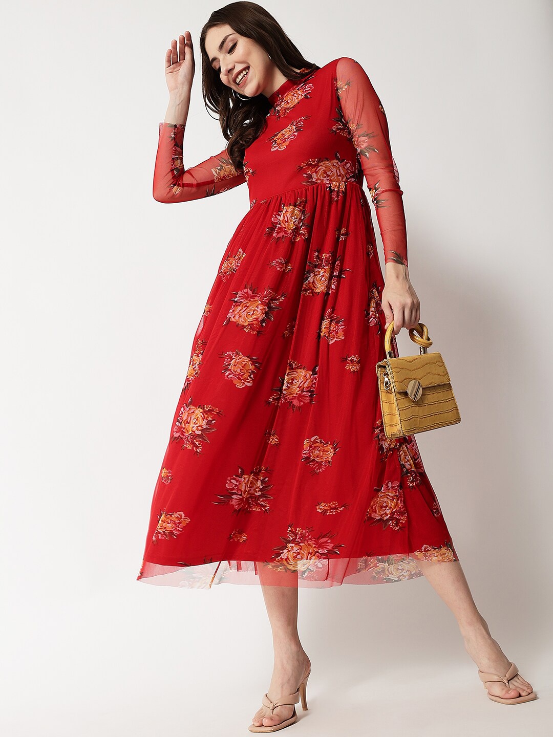 

HERE&NOW Red & Orange Floral Printed Net A-Line Midi Dress