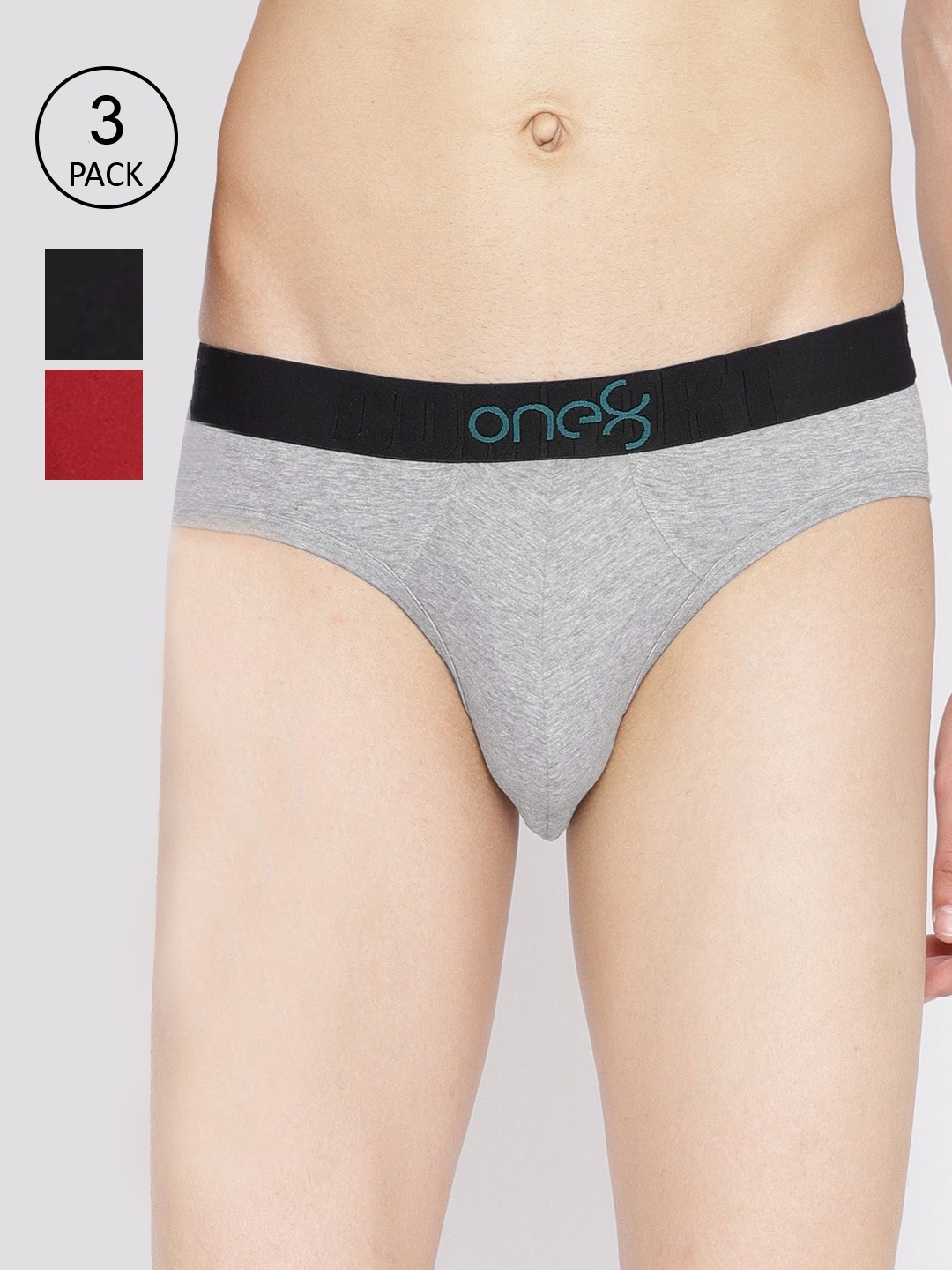 

one8 by Virat Kohli Men Grey melange & Black, 3 Low-Rise Basic Briefs 104H1
