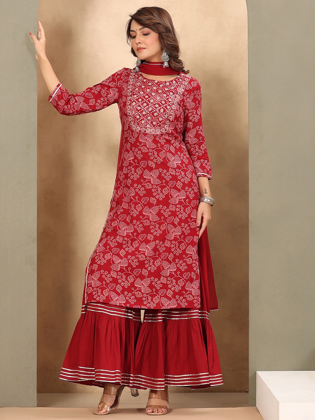 

PIROH Women Maroon Floral Printed Kurta with Sharara & With Dupatta