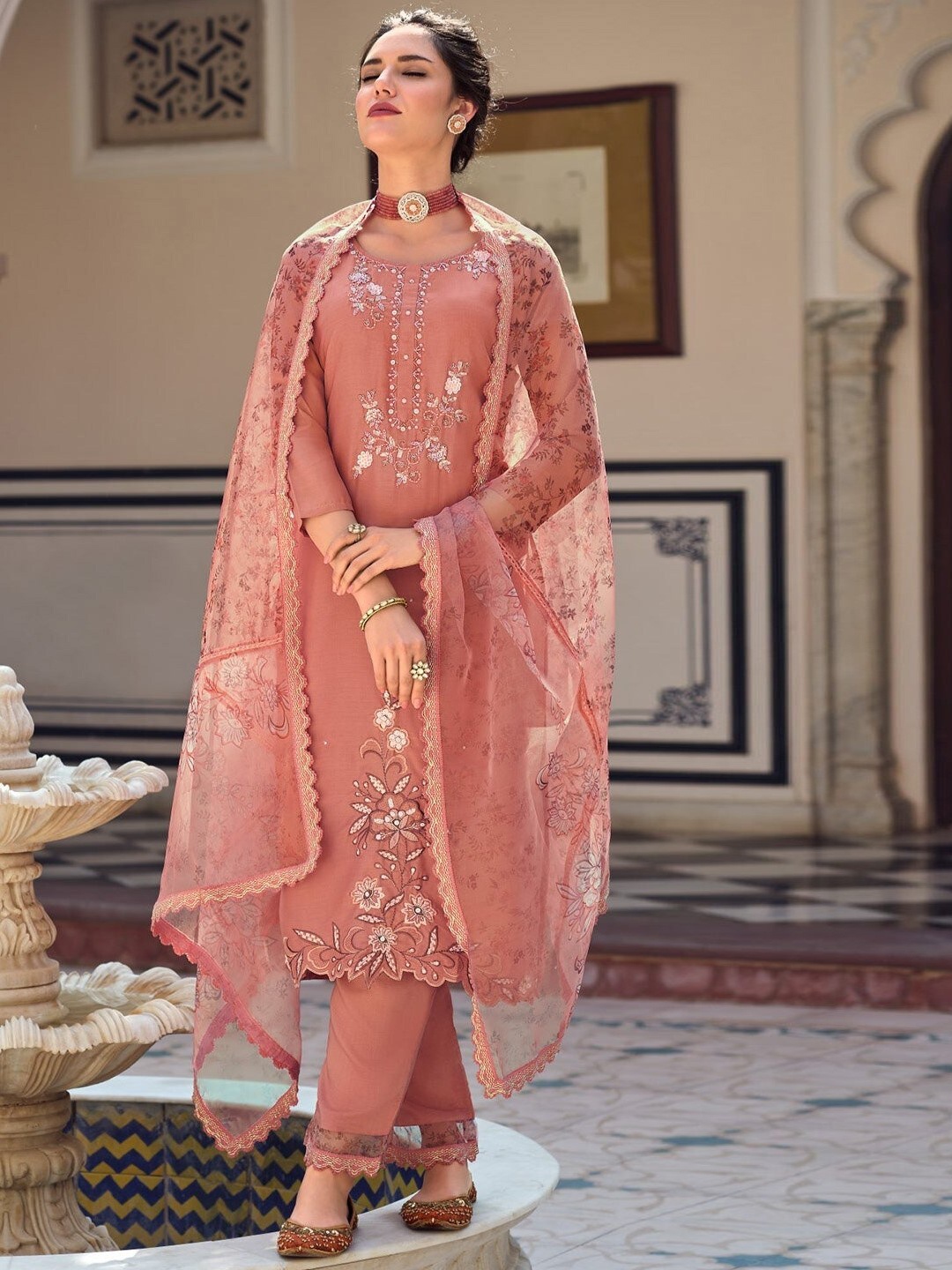 

AUTUMN LANE Women Peach-Coloured Embroidered Kurta with Trouser & With Dupatta