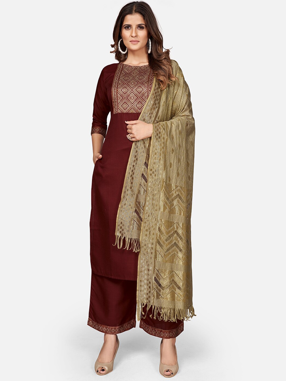 

Vbuyz Women Maroon Printed Kurta with Palazzos & With Dupatta