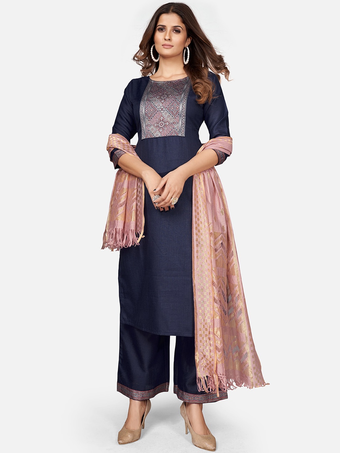 

Vbuyz Women Blue Ethnic Motifs Yoke Design Kurta with Palazzos & With Dupatta