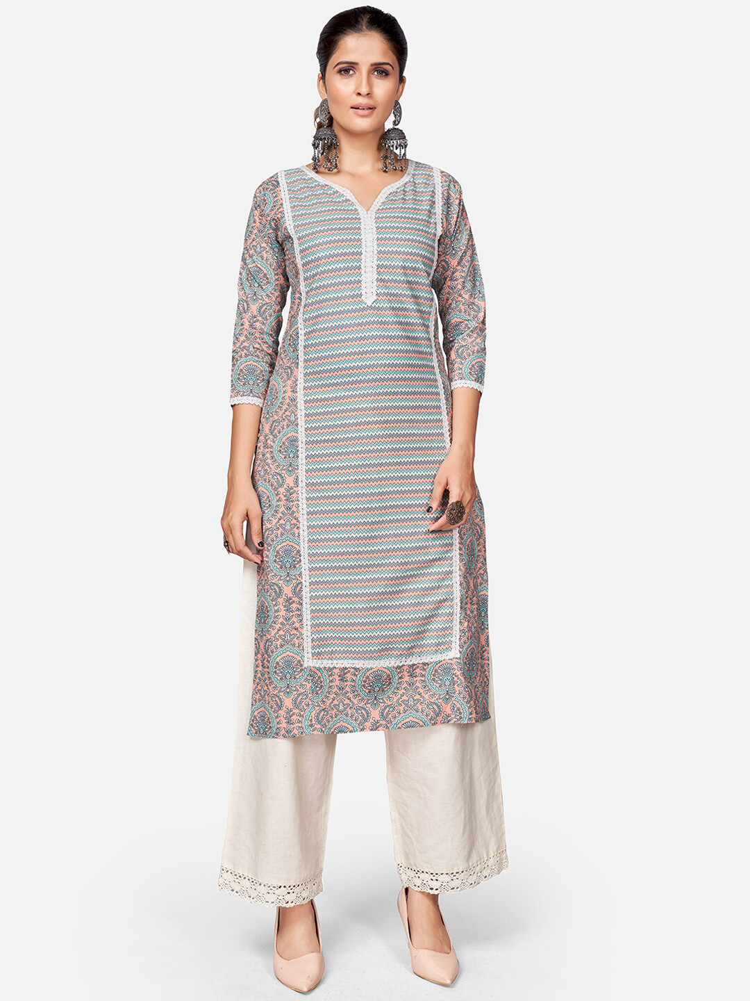 

Vbuyz Women Peach-Coloured & Blue Ethnic Motifs Printed Kurta