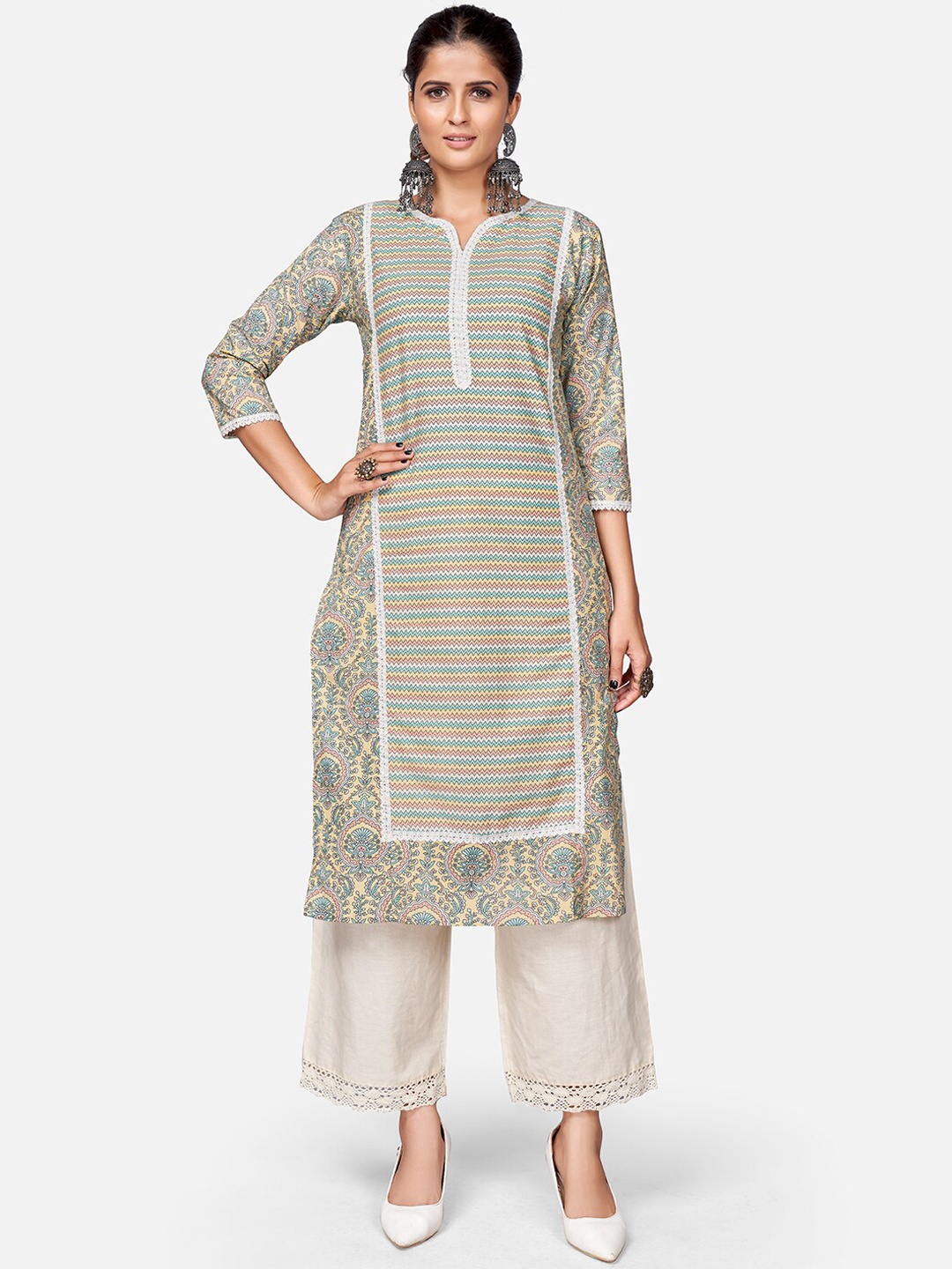 Vbuyz Women Grey & White Geometric Printed Kurta