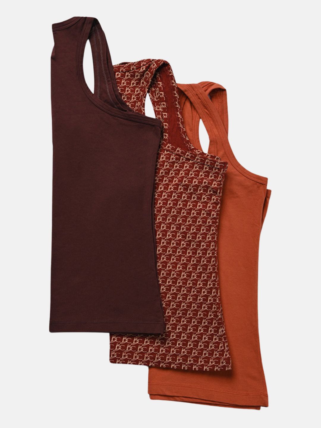 

Butt-Chique Women Assorted Pack Of 3 Cotton BC Print & Solid Camisoles, Brown