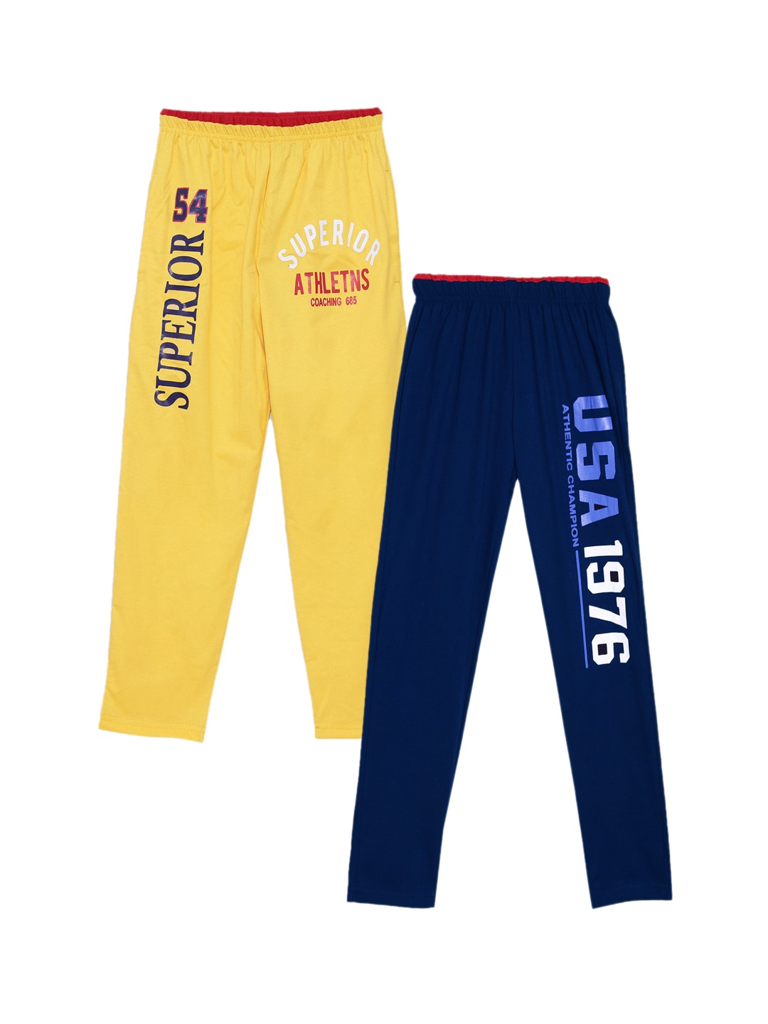 

Fashionable Boys Pack Of 2 Yellow & Navy Blue Printed Relax-Fit Pure Cotton Track Pants