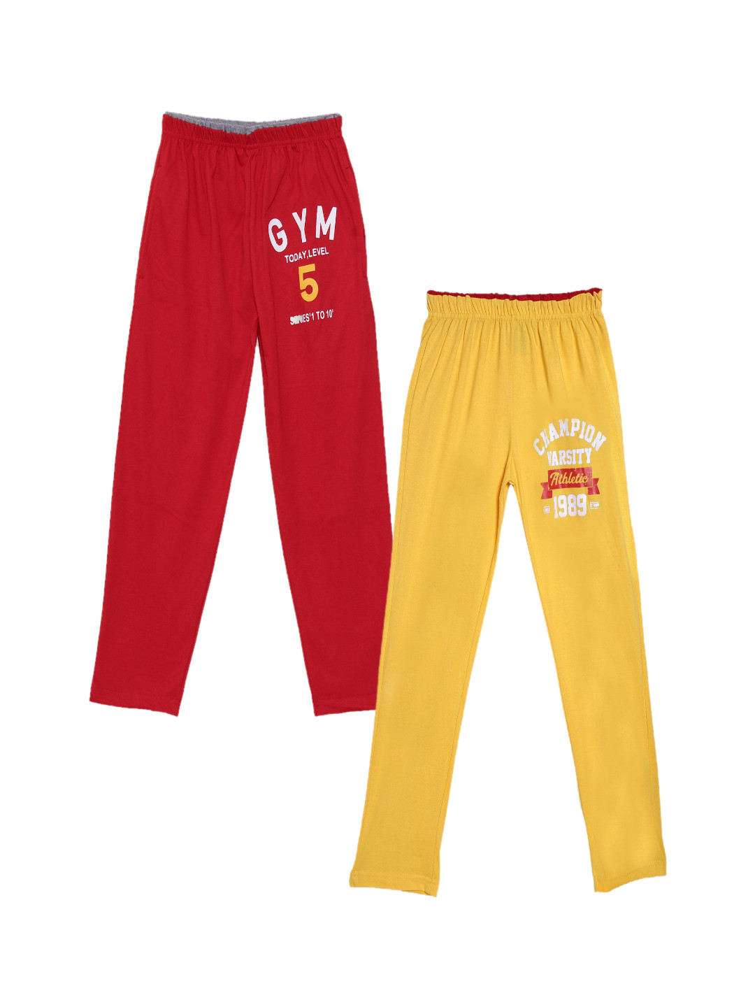 

Fashionable Boys Pack Of 2 Yellow & Red Printed Pure Cotton Relaxed Fit Track Pants