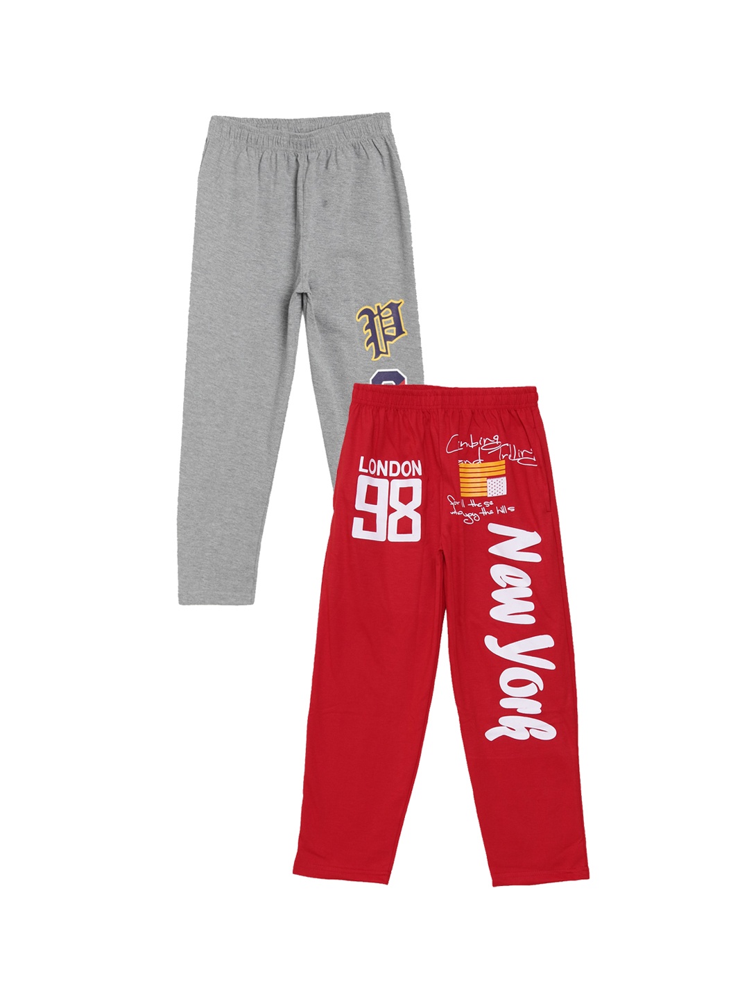

Fashionable Boys Pack Of 2 Red & Grey Printed Pure Cotton Relaxed-Fit Track Pants, Grey melange