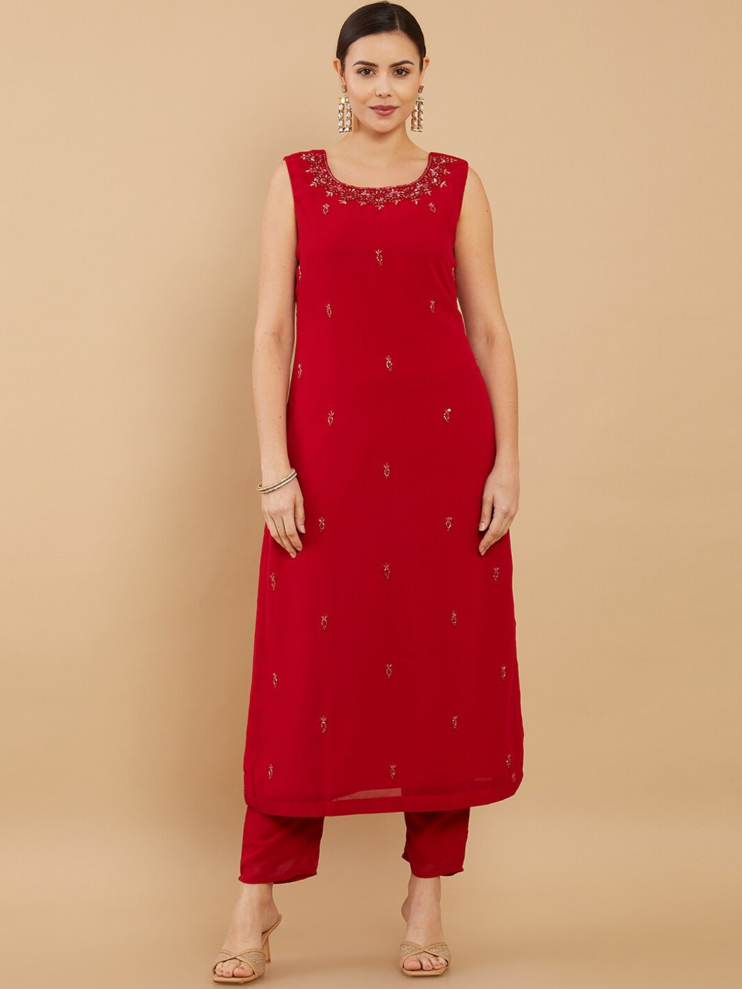 

Soch Women Maroon Embroidered Silk Georgette Kurta with Trouser