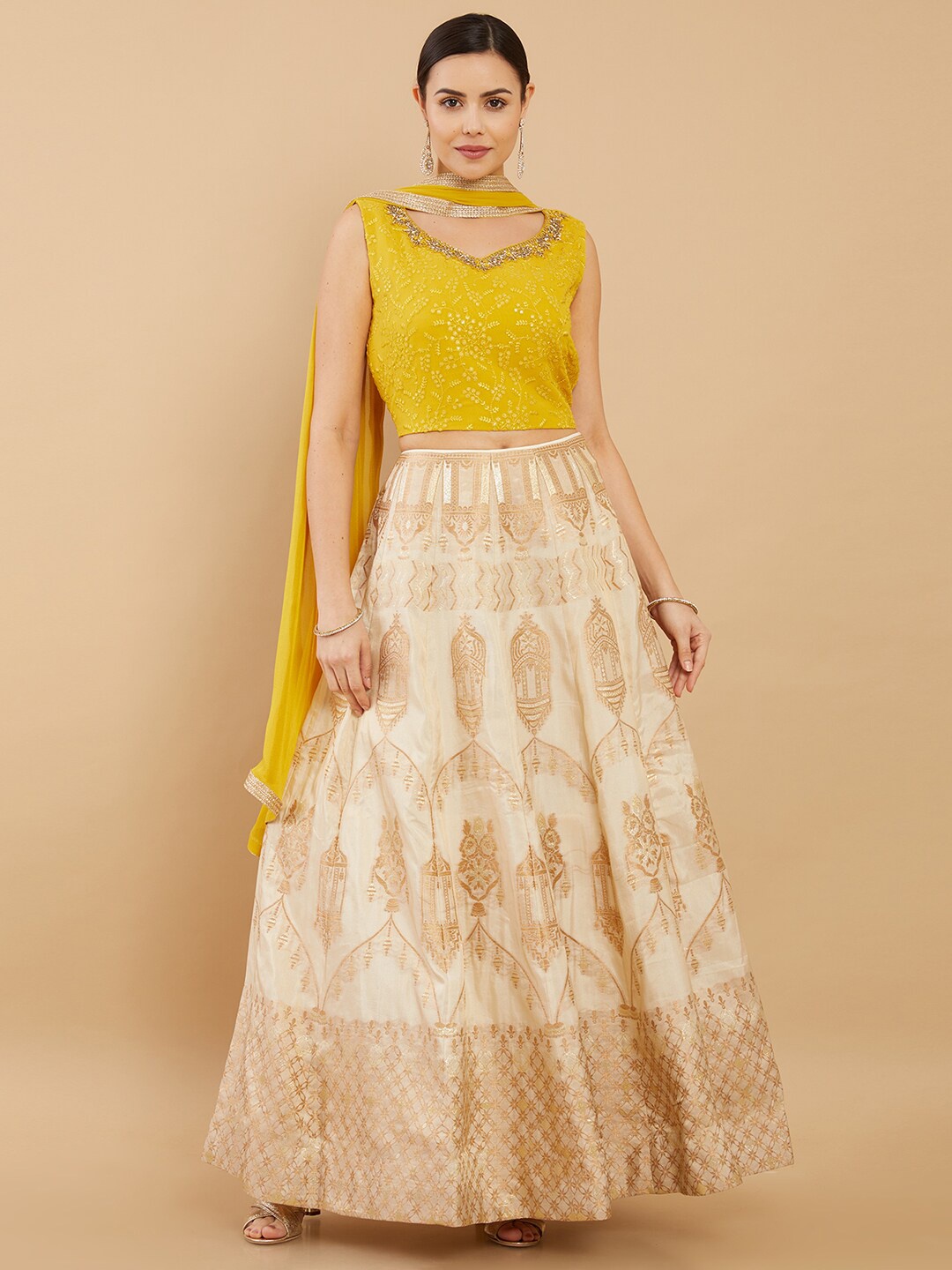 

Soch Mustard & Cream-Coloured Embellished Sequinned Ready to Wear Lehenga & Blouse With Dupatta