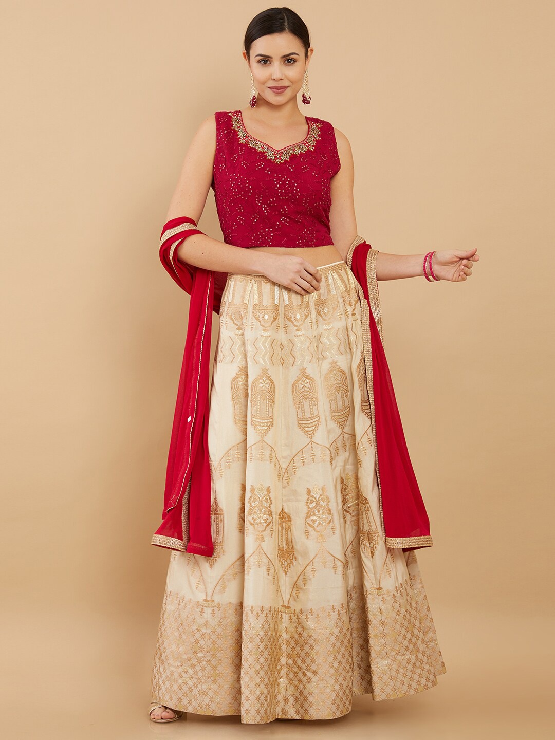 

Soch Fuchsia & Cream-Coloured Embellished Sequinned Ready to Wear Lehenga & Blouse With Dupatta