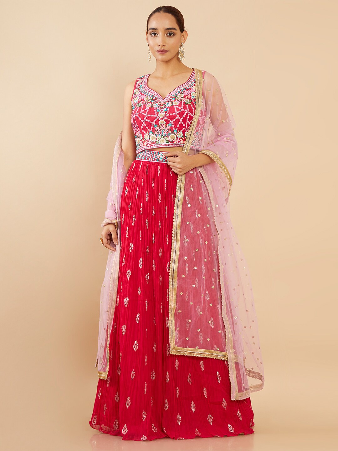 

Soch Pink & Red Embellished Mirror Work Ready to Wear Lehenga & Blouse With Dupatta