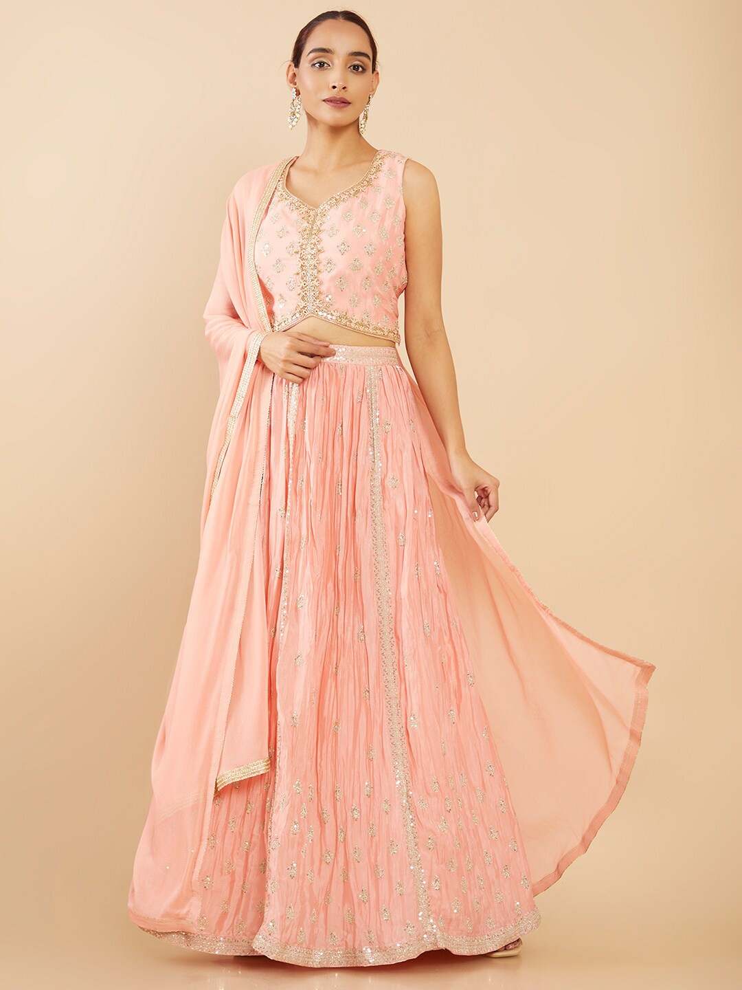 

Soch Peach-Coloured & Gold-Toned Embellished Sequinned Ready to Wear Lehenga & Blouse With Dupatta