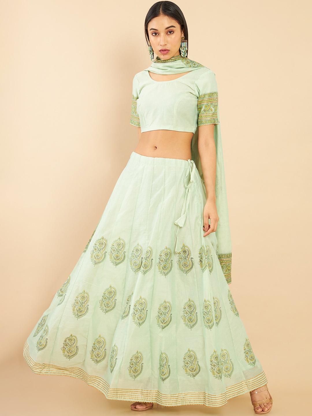 

Soch Off White & Green Printed Ready to Wear Lehenga & Blouse With Dupatta