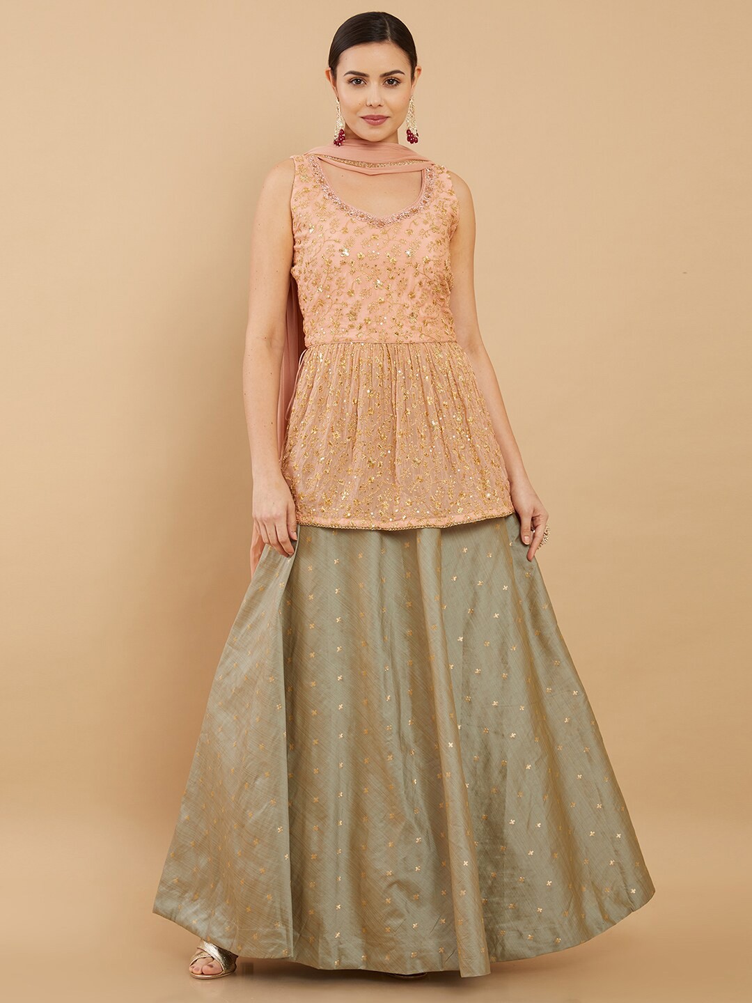 

Soch Peach & Green Embellished Zardozi Ready to Wear Lehenga & Blouse With Dupatta