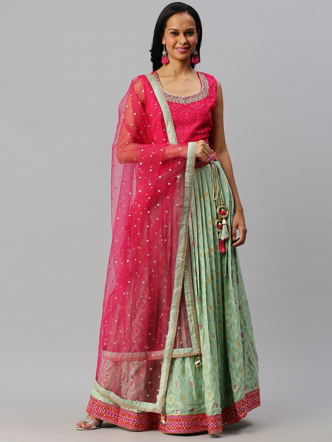 

Soch Pink & Green Embroidered Ready to Wear Lehenga & Blouse With Dupatta